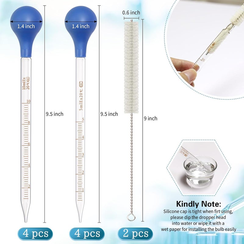 Asherxin 8 Pack Glass Pipette Dropper Lab Graduated Dropper Liquid Pipette with Rubber Cap+ 2 Cleaning Brush for Liquid Essential Oil Lab Dropper Pipettes Transfer (4pcs 5ml Dropper+4pcs 10ml Dropper) - Image 2